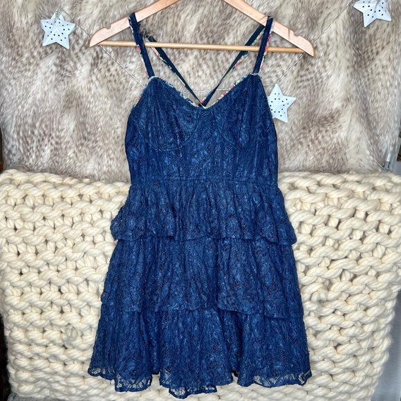 abercrombie blue corset dress Abercrombie & Fitch corset detail maxi dress with bulit in bra in blue floral print
